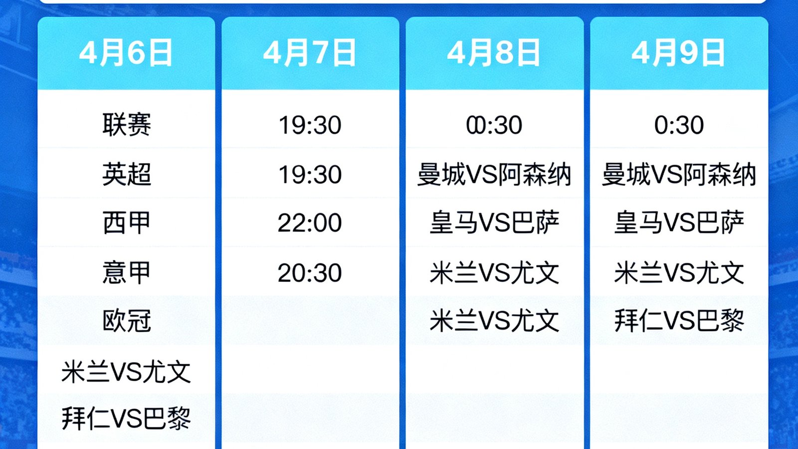 赛程日历界面，展示2025年4月6日到9日的比赛安排，可按联赛和日期筛选